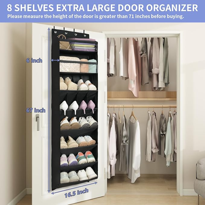 1 Pack 8 Shelves Over The Door Shoe Organizer, 68" Exlarge Deep Pockets | Hanging Shoe Organizer, Shoe Rack for Closet, Shoe Holder for Boots, Sneakers, Heels, Over Door Organizer in Home, RV, Black - Image 2