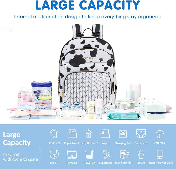 Baby Diaper Bag Backpack, Waterproof Diaper Backpack for Mom & Dad with Changing Pad, Insulated Pockets and Stroller Straps, Baby Shower Gifts for Girls & Boys, Cow - Image 6