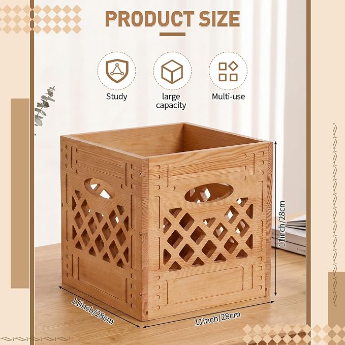 2 Pack Wooden Milk Crate, 11 x 11 x 11 Inch Stackable Rustic Wood Storage Crate with Handles, Decorative Farmhouse Basket Organizer for Home, Kitchen, Office - Image 2