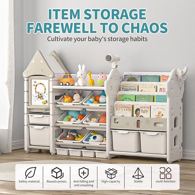 UNICOO® Magic Castle Kids Toy Storage & Bookshelf Organizer with 14 Easy-Pull Bins, Durable HDPE Material, Multifunctional Play Collection with Painting Board & Telescope, Children's Bookcase (White) - Image 3