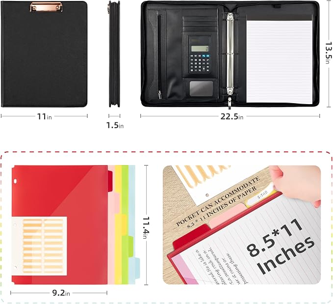 Ospelelf Zippered Padfolio Portfolio Folder, Leather Clipboard with Storage, 3 Ring Binder 1 Inch,12.1” Tablet Sleeve, 5 Dividers with Pocket, Refillable Notepad, Card Slot (Classic Black) - Image 2
