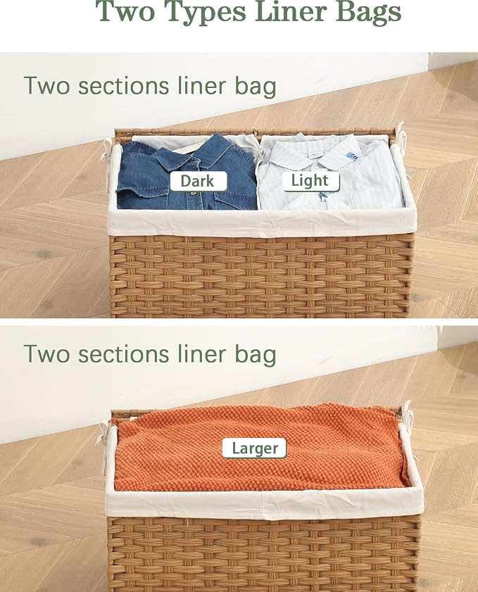 SETVSON Storage Basket with Lid, 2-Lid PE Rattan Storage Bin, Natural | 160L Storage Bin with 2 Separate Lids, 2 Removable Liners for Clothes & Blankets, Sturdy Metal Frame, PE Rattan - Image 5