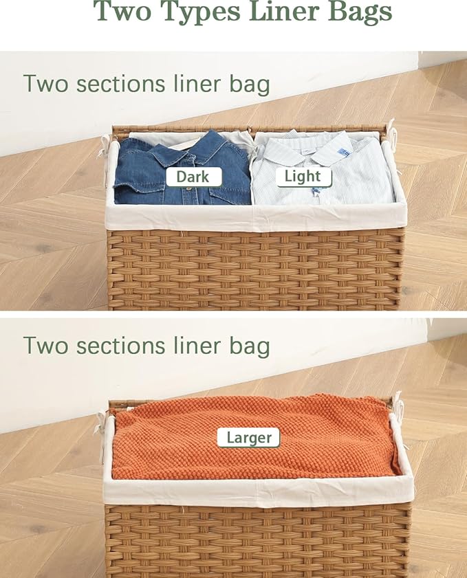 SETVSON Storage Basket with Lid, 2-Lid PE Rattan Storage Bin, Natural | 105L Storage Bin with 2 Separate Lids, 2 Removable Liners for Clothes & Blankets, Sturdy Metal Frame, PE Rattan - Image 5