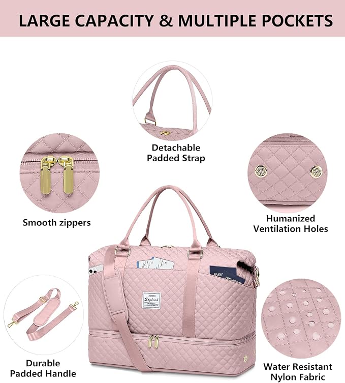 Weekender Duffle Bags for Women - Travel Duffel with Shoe Compartment, Carry On Overnight Bag, Gym Tote with Wet Pocket, Pink - Image 6