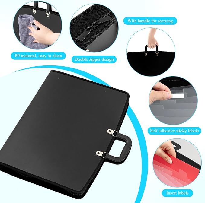 Dunzoom 1 Pack 11 x 17 Art Portfolios, Expanding File Organizer with 13 Pocket for Artwork, Plastic Clear Portfolio Holder Document Binder with Handle, Zipper and 120 Pcs Sticky Labels (Black) - Image 5
