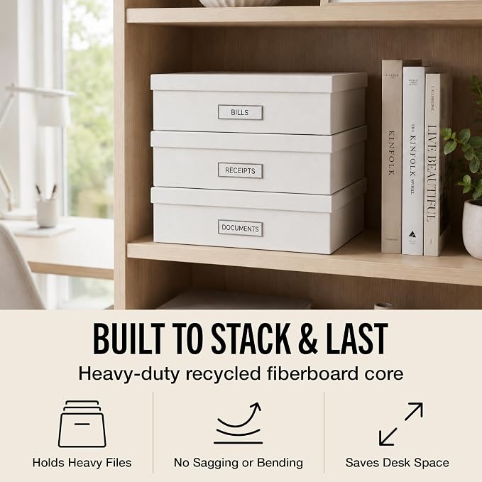 Bigso Oskar Fiberboard Label Frame Document Letter Box - File Organizer Box for Important Paperwork - Durable Document Storage with a Lid & Metal Label Window - 3.3 in x 10.2 in x 13.8 in - White - Image 4