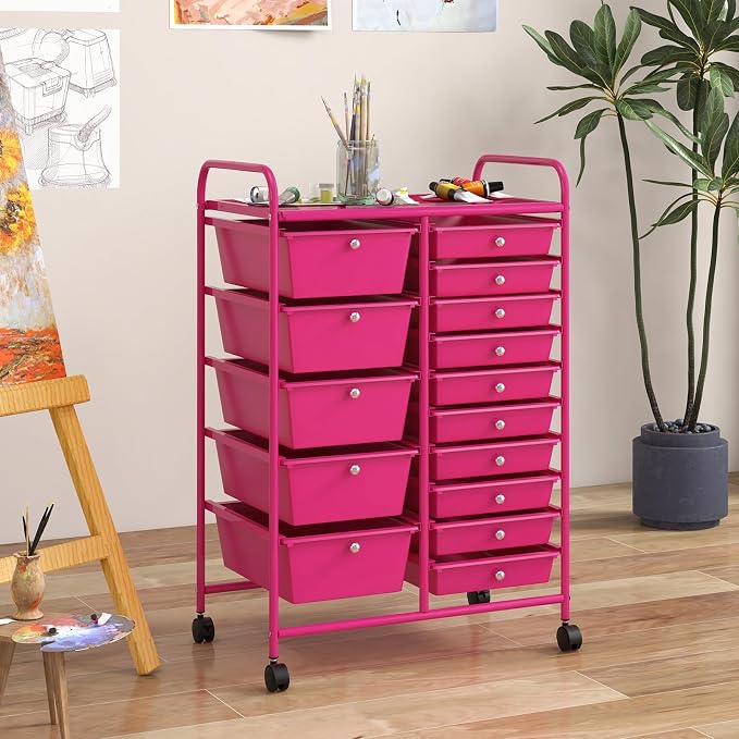 RELAX4LIFE 15-Drawer Storage Drawer Carts - Mobile Rolling Utility Cart w/Wheels, Craft Organizer for Classroom Organization and Storage, School, Office, Home, Storage Organizer Cart - Image 2