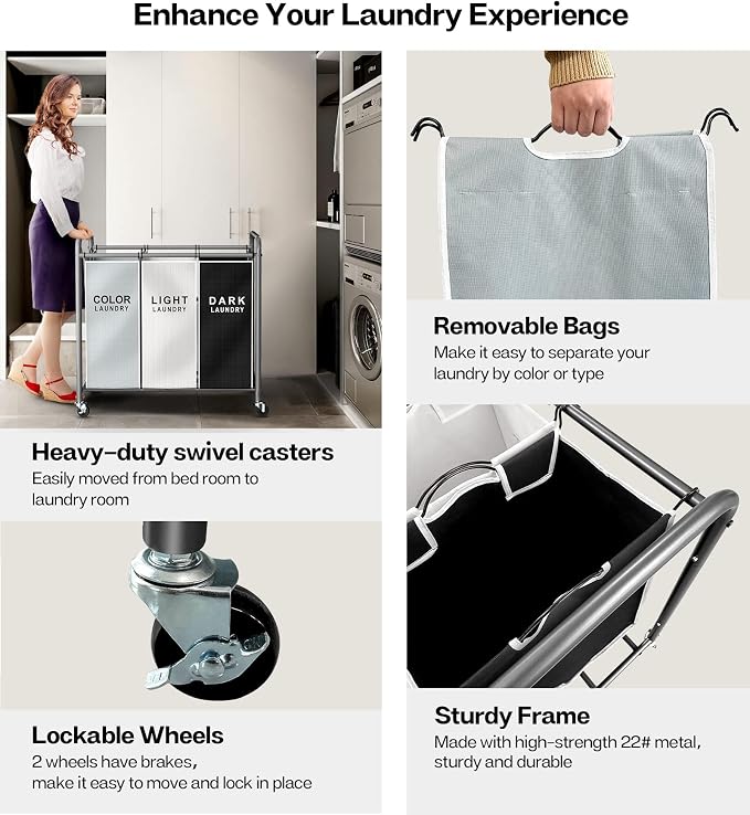 ROMOON Laundry Sorter Hamper 3 Section, Divided Laundry Basket Organizer | Rolling Clothes Hamper with Heavy Duty Lockable Wheels and Removable Bags for Apartment, Dorm & Family, 135L, Multicolor - Image 6