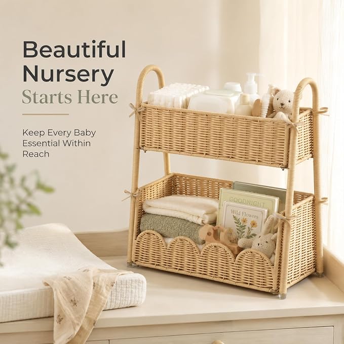 2-Tier Diaper Caddy Organizer, Handwoven Nursery Storage Basket | PE Rattan Diaper Caddy with Side Handles, Large Changing Table Organizer for Diapers, Wipes and Baby Essentials - Image 2