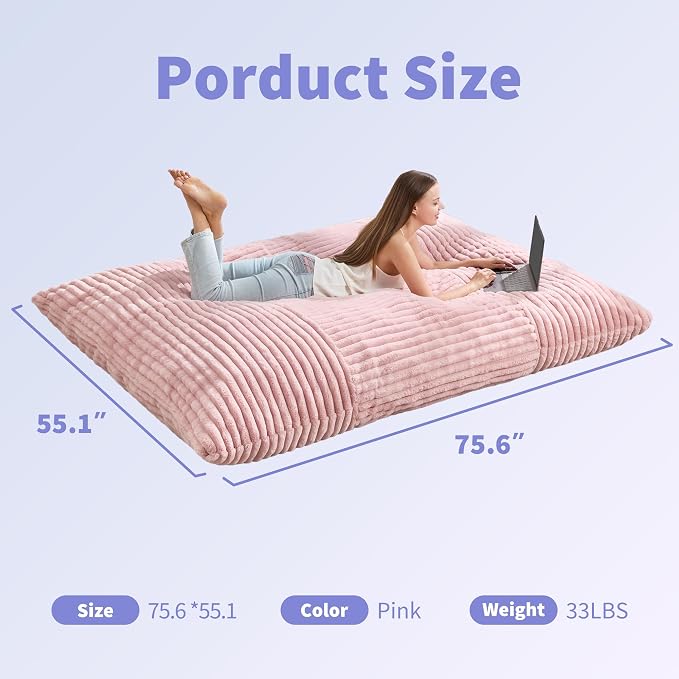 Hobestluk Adult Bean Bag Chair 3 in 1 Convertible Large Bean Bag Sofa | Striped Pink,Machine Washable,Removable Cover,Easy Convert And Install, Oversied Floor Bed,For Livingroom Bedroom - Image 2