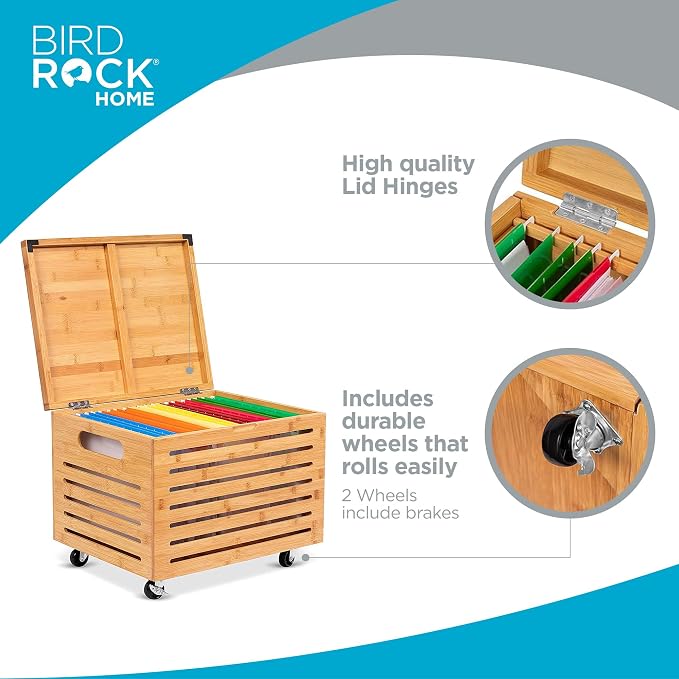 BIRDROCK HOME Bamboo Rolling File Storage Organizer Box with Lid - Decorative File Cabinet on Wheels, Portable File Box on Wheels, Mobile Filing Solution - Natural | Decorative Bamboo Hanging File Box with Lid and Wheels, Small Filing Cabinet Under Des... - Image 5