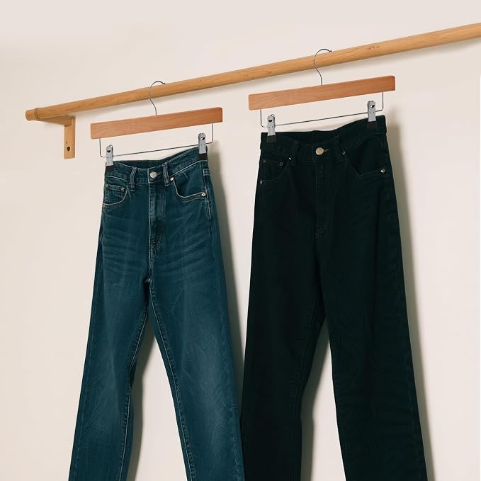 12-Pack 14" Wood Pants Hangers, Adjustable Non-Slip Clip, Natural Wood | Solid Wood Material, Bottom Hangers with 360° Swivel Hook, Space Saving Hangers for Skirts, Slacks, Trousers, Jeans - Image 7