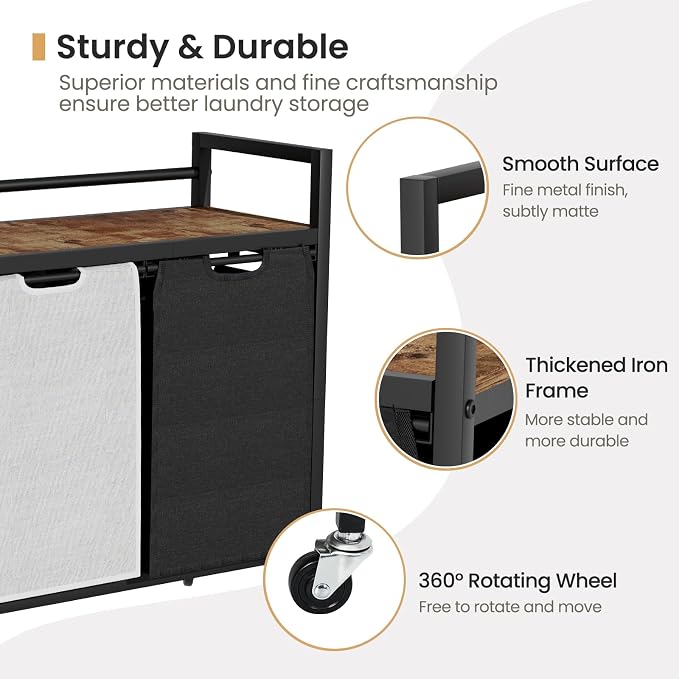 SwaaVee Laundry Sorter, Laundry Hamper with Wooden Top Shelf, 2×14.5Gal(110L), Metal Frame laundry basket with wheels, Pull out and Removable Laundry Bags, 2 Bags-Black Grey - Image 5
