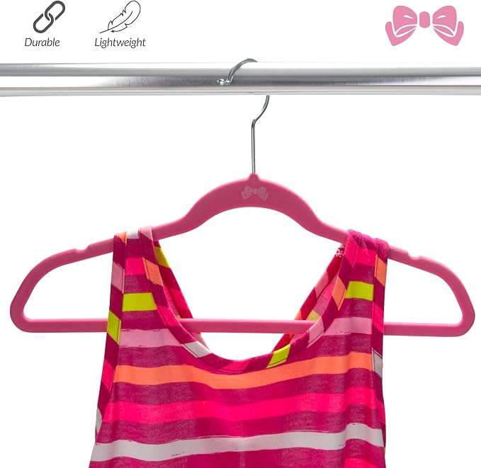 Simplify 25 Pack Kids Velvet Hangers | Slim | Non-Slip Design | Space Saving | Childrens Clothes | Shirts | Pants | Dresses | Baby Nursery | Closet Storage & Organization | Pink - Image 5