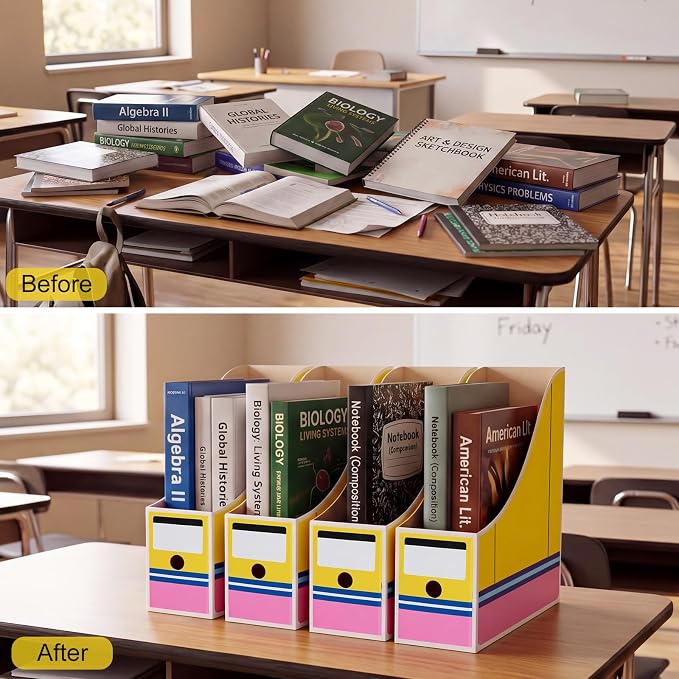 Resurhang 24 Pcs Pencil Book Bins for Classroom Cardboard Magazine Holders Foldable Magazine File Storage Box with Label Stickers for Desk Shelves School Classroom Home Office Supplies - Image 4