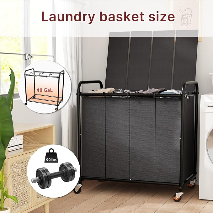 180L Laundry Sorter 4 Section with Lockable Wheels and Lid Black | 4 Large Separate Removable Bags | Heavy Duty Rolling Laundry Basket | Laundry Hamper Cart for Laundry Room Organizer - Image 3