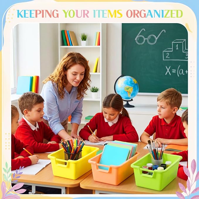 Thyle 12 Pieces Plastic Cubby Bins with Labels 11.6 x 7.7 x 5 Inch Classroom Book Bins Stacking Storage Container Organizer Storage Cubbies for Classroom Office (Handle,Light Color) - Image 7