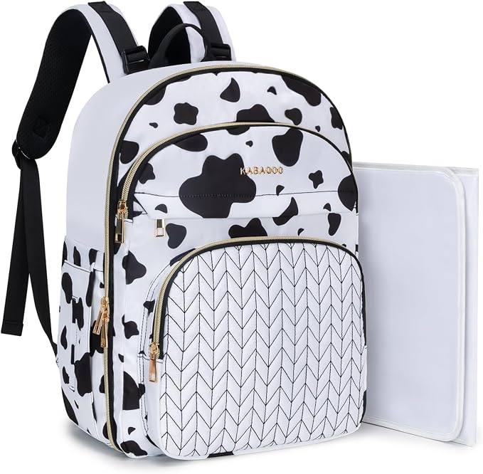 Baby Diaper Bag Backpack, Waterproof Diaper Backpack for Mom & Dad with Changing Pad, Insulated Pockets and Stroller Straps, Baby Shower Gifts for Girls & Boys, Cow by KABAQOO