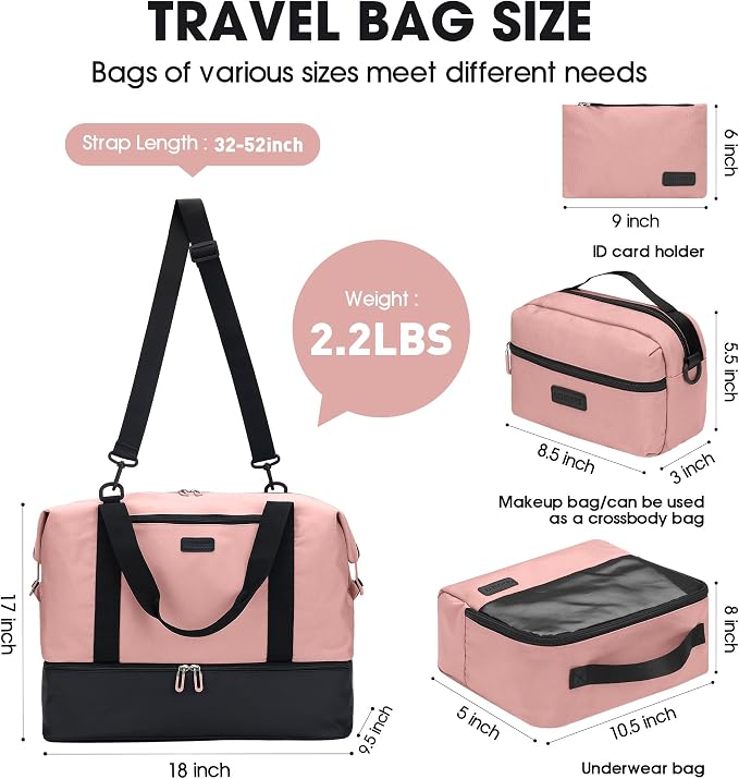 Oeihuivt Weekender Bags for Women with 3 Extra Pack - 21 Inch Large Travel Duffel Bag Set with Shoe Compartment, Heavy-Duty nylon Carry On Overnight Tote Black+Pink - Image 2