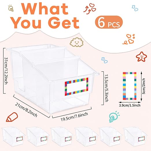 gisgfim 6 Pack Picture Book Bin with Dividers Classroom Library Book Bin Small Plastic Books Holders with Labels for Classroom Library Magazines Storage Organizer 13.5 x 8.75 x 7.75 in(Clear) - Image 2