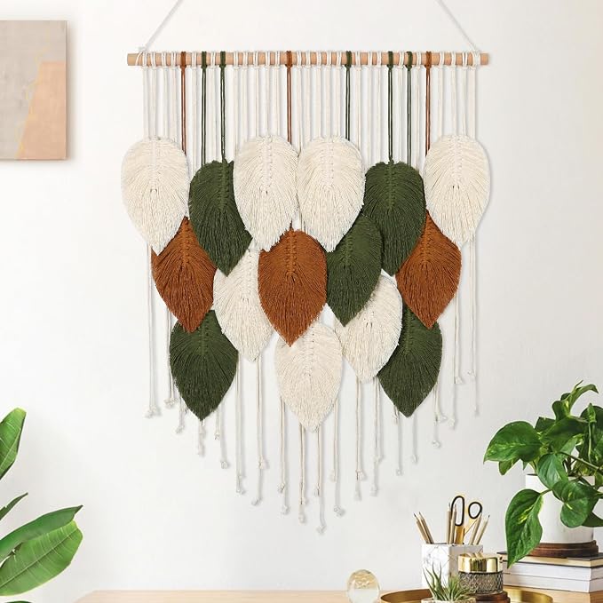 Macrame Wall Hanging Boho Woven Tapestry Chic Home Decor Modern Wall Art | KHOYIME Bohemian Handmade Leaf Feather Decorations for Apartment Dorm Living Room Bedroom Nursery Backdrop 23.6" W X 29.5" L by KHOYIME