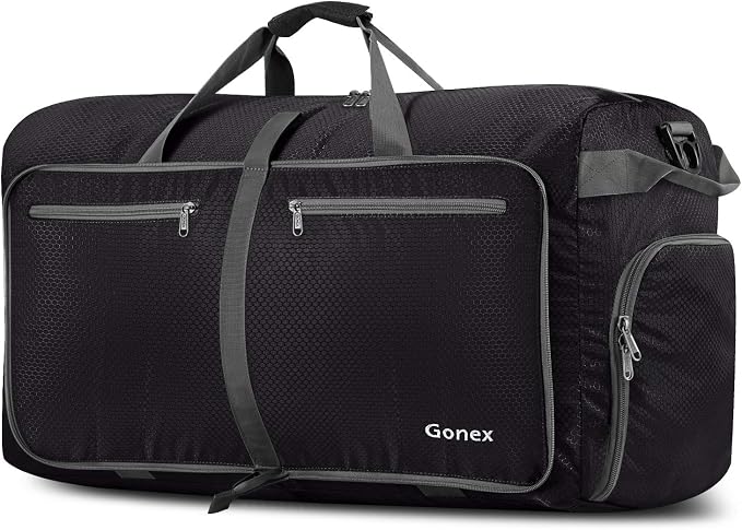 Gonex 60L Foldable Travel Duffle Bag with Shoe Compartment, Lightweight | 210D Nylon, Water-Repellent, Folds Compact, Multiple Pockets, Luggage Sleeve, Weekend Trips & Camping, Black by Gonex