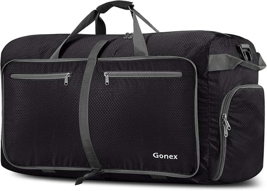 Gonex 60L Foldable Travel Duffle Bag with Shoe Compartment, Lightweight | 210D Nylon, Water-Repellent, Folds Compact, Multiple Pockets, Luggage Sleeve, Weekend Trips & Camping, Black by Gonex