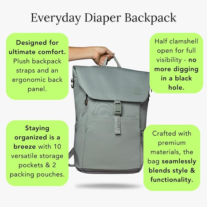 Huhu Diaper Bag Backpack – Large Baby Bag for Moms & Dads – Water-Resistant, Unisex Travel Kit for New Parents – Includes Changing Pad and 2 Organizer Pouches (Outdoorsy Sage) - Image 6