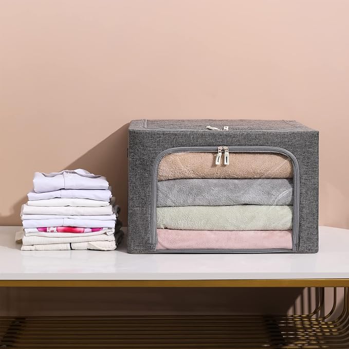 CYhom 3Pack Foldable Storage Bins - Frame Storage Box Linen Fabric Stackable Clothes Container Organizer with Clear Window & Carry Handles Large Capacity (Large-66L, Dark Gray) - Image 8