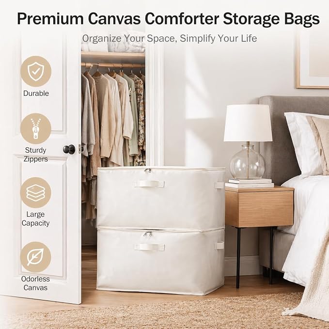 3 Pack Canvas Comforter Storage Bags for Clothes & King Comforters, Natural | 70L Capacity, Dual Zippers, Three Reinforced Handles, Foldable Canvas Design for Comforters, Blankets and Seasonal Clothing - Image 2