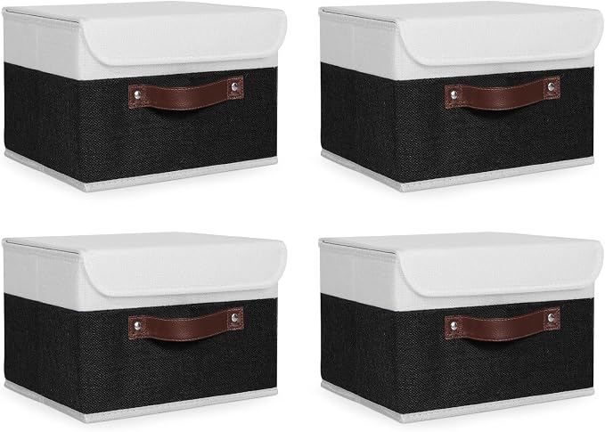 ANMINY Fabric Storage Box Bins with Lids, Black White, 10"x8"x7", 4 Pack | Keepsake Memory Storage, Cotton Linen, PP Board Reinforced, Washable, PU Handles, Foldable & Stackable, Decorative, Small by ANMINY