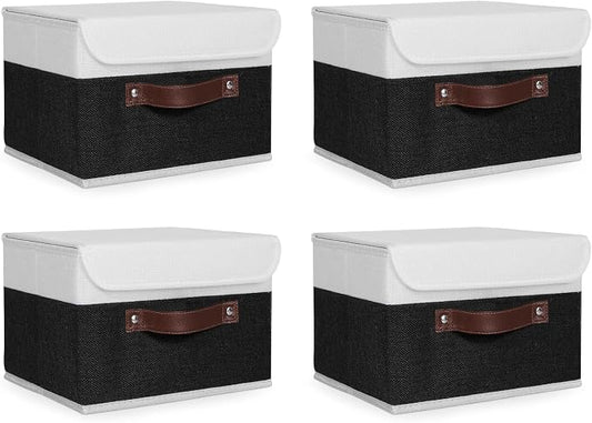 ANMINY Fabric Storage Box Bins with Lids, Black White, 10"x8"x7", 4 Pack | Keepsake Memory Storage, Cotton Linen, PP Board Reinforced, Washable, PU Handles, Foldable & Stackable, Decorative, Small by ANMINY