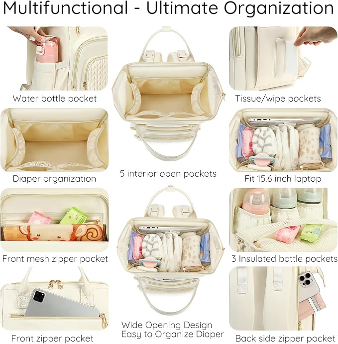 AIJIEKE Large Diaper Bag Backpack, Extra Wide Travel Diaper Bag, Beige | Multi-functional waterproof maternity bag. Changing pad, stroller straps, insulated wet/dry pocket. Mom, dad, toddler travel - Image 2