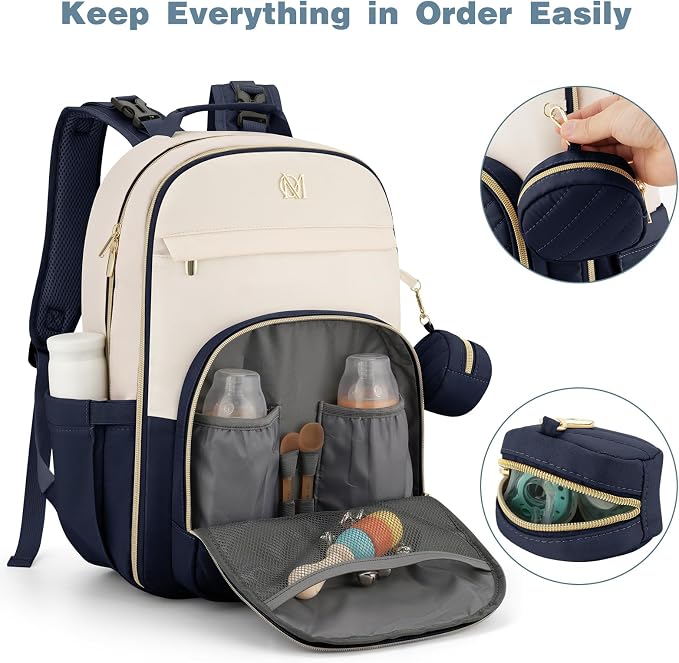 Diaper Bag Backpack, Quilted Baby Bag with Changing Pad & Stroller Straps & Pacifier Case, Large Travel Diaper Bags for Mom Dad, Blue Beige - Image 3