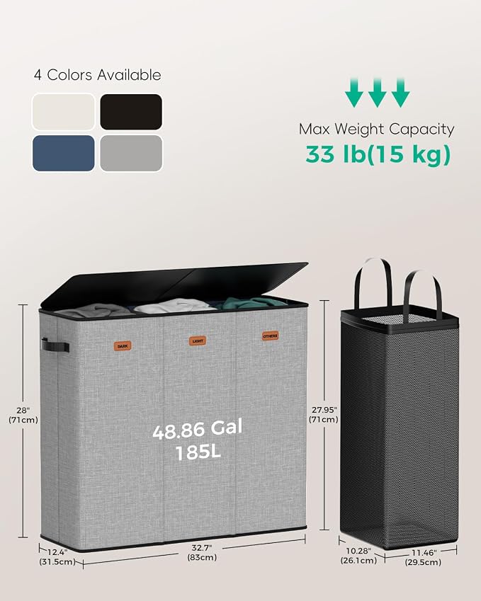 185L Laundry Hamper 3 Section with Lid & Removable Bags | Collapsible laundry basket organizer for laundry room, bedroom & dorm with 3 removable washing bags - Image 5