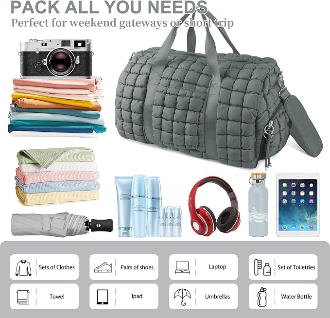 Quilted Travel Duffle Bag Gym Bag for Women,Large Puffer Duffle Weekender Bag with Compartment,Workout Overnight Carry on Organizer Bag Duffle Bag for Airplane Travel(L-Grey) - Image 6