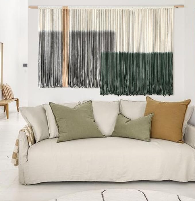 Macrame Wall Hanging Green Large Dip Dye Fiber Wall Art Bohemian Yarn Tapestry Wall Décor 57''W*35''L | Hand Dyed Yarn Wall hanging, Green Dip Dye Design, Boho farmhouse style, for Living Room Bedroom office entryway, home decor by FLBER