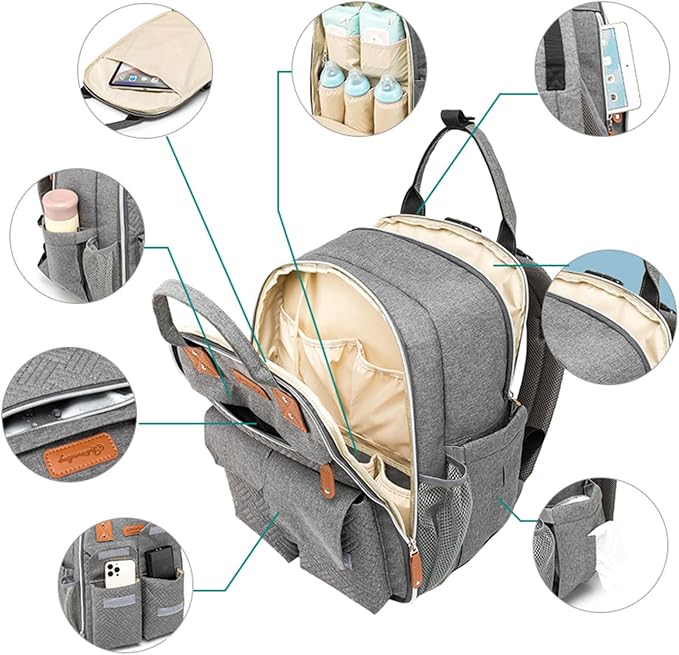 HAOMUK Diaper Bag Backpack, Baby Backpack Bag for Mom with Changing Pad, Multifunction Waterproof Large Travel Baby Essentials for Toddler Girl Boy - Gray - Image 4
