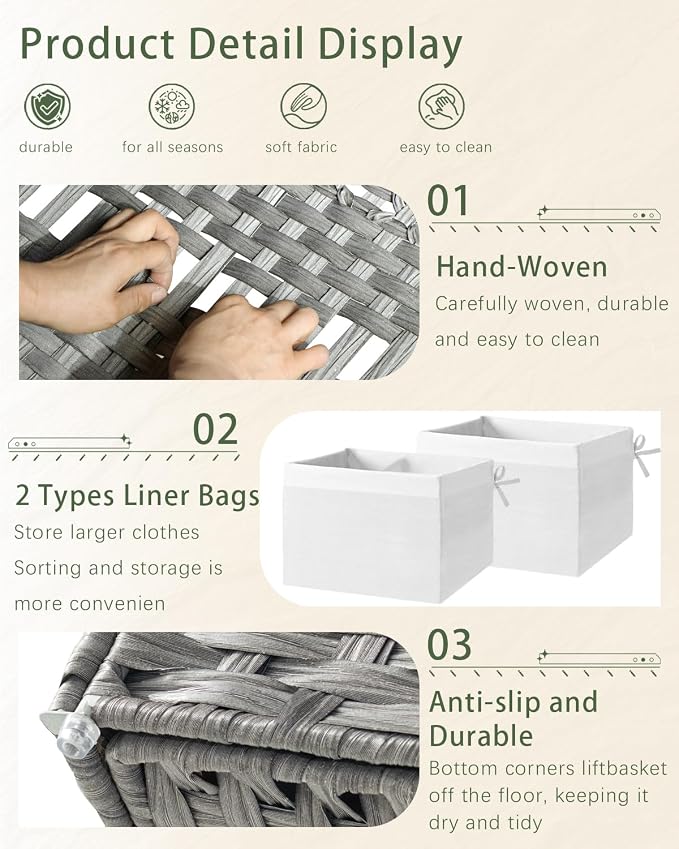 SETVSON Storage Basket with Lid Wicker Baskets for Storage, 160L Gray | Dual Lid Jumbo Blanket Storage Trunk, Divided Clothes Organizer, 2 Washable Liner Bags, Collapsible PE Rattan Bin - Image 3