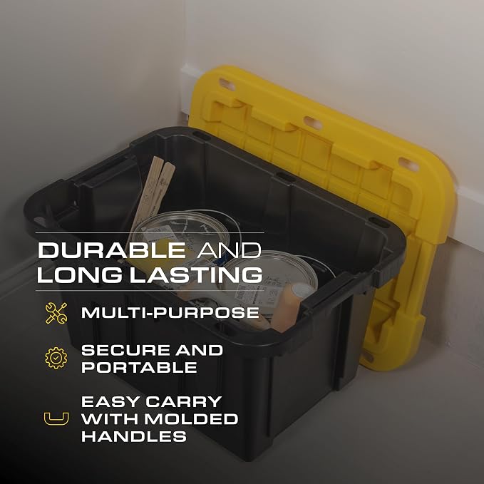 CX Heavy Duty 12-Gallon Stackable Plastic Storage Bins with Lids, 6 Pack | Storage totes for garage organization, Stackable containers, weather-resistant, snap lid, 12.5H x 16.3W x 21.8D, Black/Yellow - Image 4