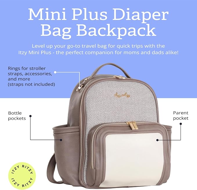Itzy Ritzy Mini Diaper Bag Backpack, 10 Pockets Changing Pad, Vanilla Latte | Chic Mini Plus Diaper Bag with 2 Insulated Bottle Pockets, Key Lanyard, Wipeable Changing Pad, Grab-Top Handle & Rubber Feet - Image 2