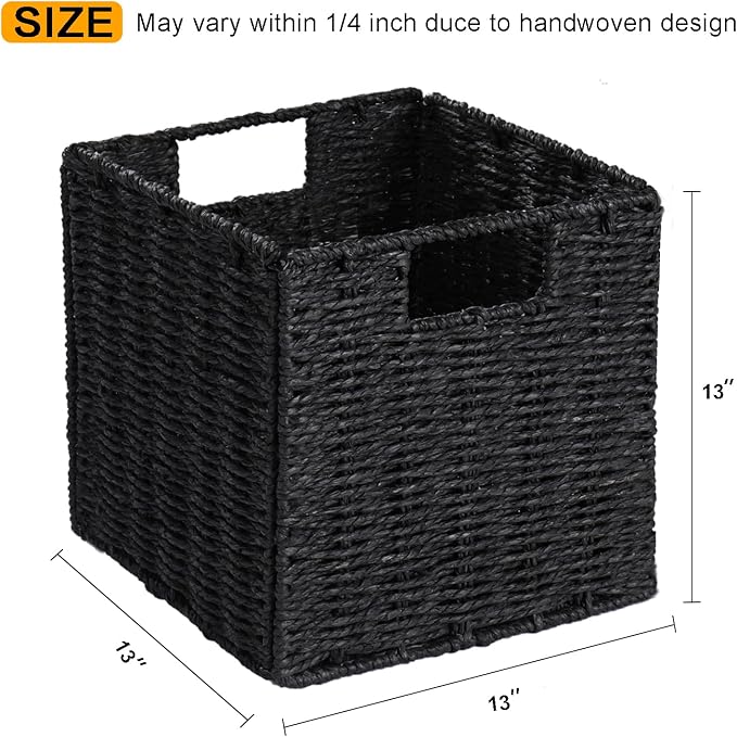 Storage Basket, Set of 2 Hand-Woven Storage Baskets for Organizing with Handles, Foldable Cube Storage Baskets Bins Organizer, 13 inch Large Wicker Baskets for Shelves & Decor, Black - Image 4