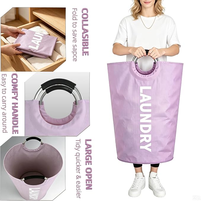 115L Collapsible Laundry Bag with Handle,Large Dirty Clothes Hamper Foldable Laundry Hamper,Purple Collapsible Laundry Basket Dorm Waterproof Hamper Tall Washing Bin,Storage Container for Snacks Dolls - Image 5