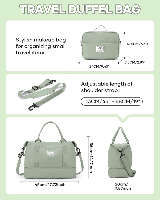 Travel Duffel Weekender Bag Women Tote Carry On Bags With Shoe Compartment | 18x14x8 inches Travel Overnight Bags with Trolley Sleeve for Airplanes Waterproof Sport Tote Gym with Toiletry Bag Beigegreen - Image 3