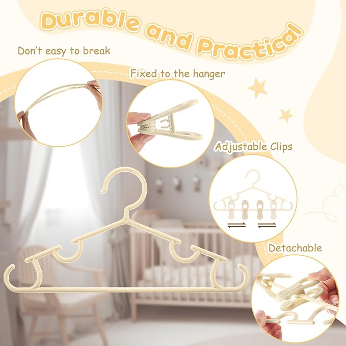 Hsei Baby Hanger with Clip for Pant,30 Packs Total,Yellow,10.6 Inch | 10 Kids Plastic Hanger with 20 Clips for Newborn, Nursery, Daycare, Preschool, Closet, Wardrobe Organizer for Baby Shower - Image 3