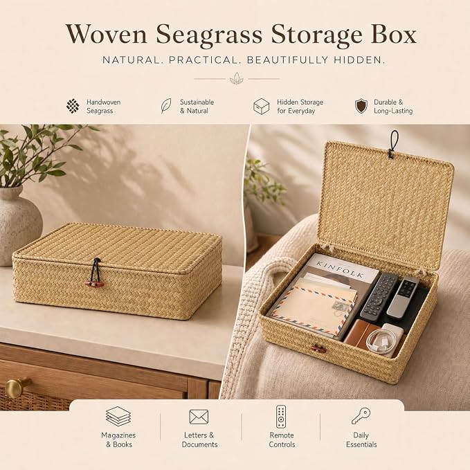 YANGQIHOME Set of 2 Seagrass Baskets with Lids, Rectangular Woven Storage Baskets, Natural Wicker Basket Boxes for Coffee Table, Shelf, Bathroom Counter & Closet Decor (Natural, Set of 2) - Image 6