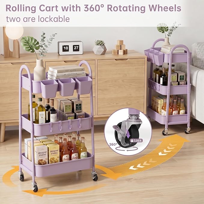 danpinera 3-Tier Rolling Cart, Utility Cart Mobile Metal Rolling Storage Cart with Lockable Wheels & Hanging Cups & Hooks for Kitchen, Bathroom, Office, Workshop, Purple - Image 4