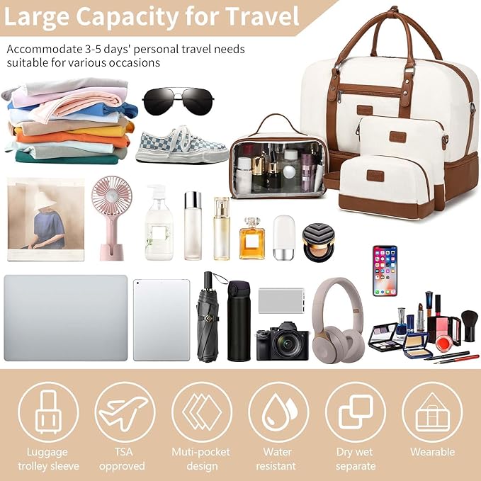 4PCS Weekender Bags for Women Large Overnight Weekend Travel Duffel Bags | Travel Bag Carry-on Tote Hospital Bag with Shoe Compartment Crossbody Toiletry Bag for Travel Business Gym Water Resistant - Image 6