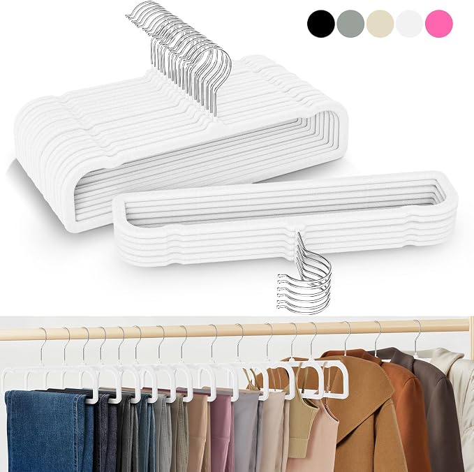 50 Pack Velvet Hangers Non Slip, Felt Pants Hangers Thin Space Saving | Clothes Hanger Flocked Strong Durable Ganchos Para Colgar Ropa with 360°Swivel Hook for Pant Jean Shorts Tank Top Linen White - Image 2