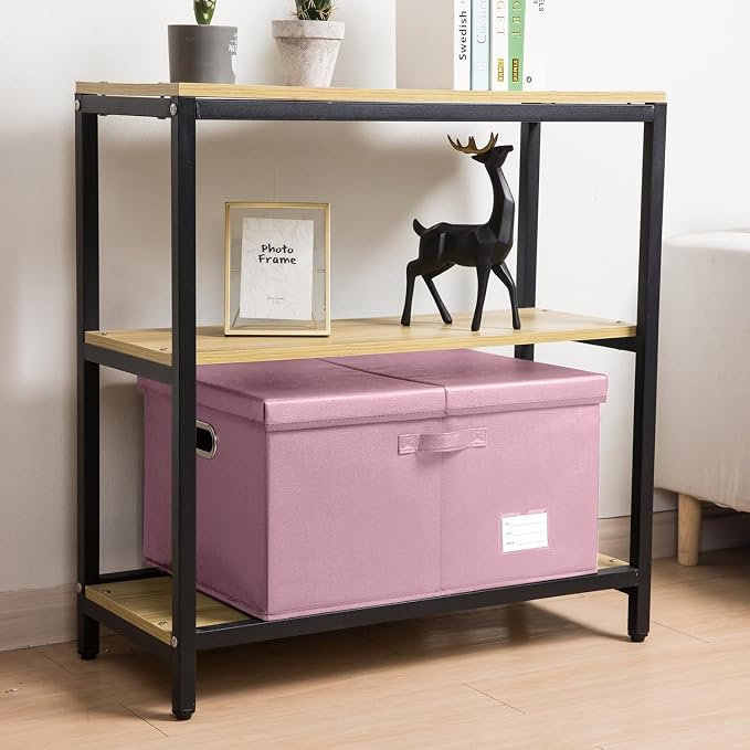 Collapsible Storage Box with Lid [1-Pack] Leather Fabric Foldable Storage Bin Organizer Container Basket Cube with Cover for Home Bedroom Closet Office Nursery Pink (22.8X15.7X11.8) - Image 2